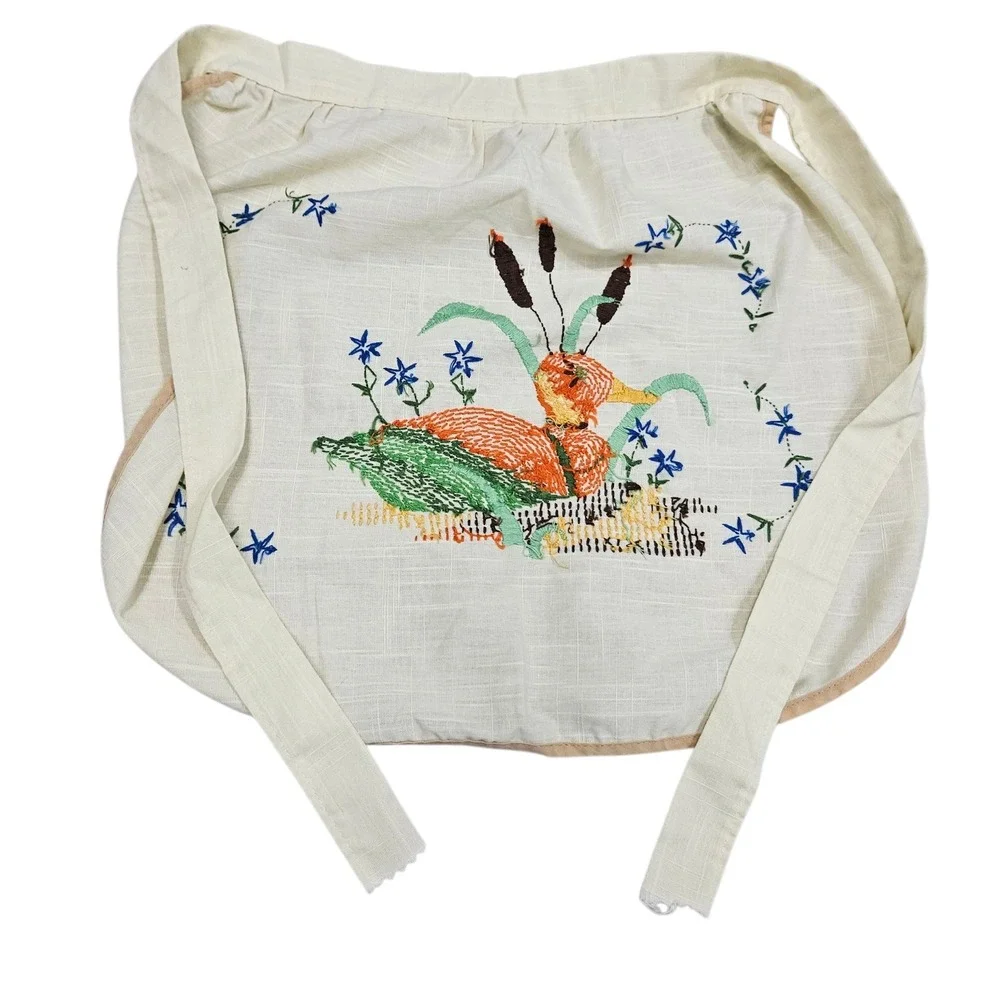 Vintage 80s Duck Embroidered Half‎ Apron Cottagecore Floral Kitchen Tie  Cabin
